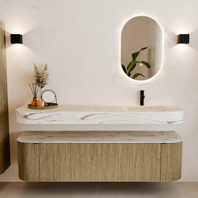 MONDIAZ THOR-DLUX Meuble de salle de bains 170cm arrondi gauche + droite couleur Dusk avec 1 tiroir et 2 portes. Vasque suspendue CLOUD Droite 1 trou de robinet couleur Nata.