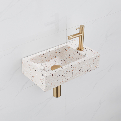 FugaFlow Eccelente Pietra Fonteinset - 40x22x10cm - kraangat rechts - fonteinkraan geborsteld messing PVD - afvoerplug - verlaagd sifon - mat beige