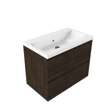 Saniclass Holz Pure Ensemble de meuble de salle de bains - 80x45x63.5cm - Lavabo en céramique Bari blanc - 1 vasque - sans trou de robinet - 2 tiroirs - chêne charcoal mat (bois)