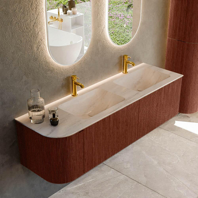 MONDIAZ KURVE-DLUX Meuble de salle de bains 155cm arrondi à gauche couleur Ruby avec 2 tiroirs et 1 porte. Lavabo LEAF Double / Droite 2 trous de robinet Meli.