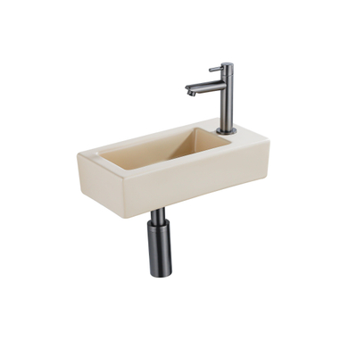 QeramiQ Fuente Fonteinset - 37.5x18.5x9cm - keramiek - kraangat rechts - fonteinkraan gunmetal - afvoerplug - verlaagd sifon - Mat Beige