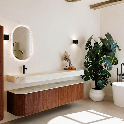 MONDIAZ THOR-DLUX 190cm meuble de salle de bains arrondi gauche + droite couleur Ruby avec 2 tiroirs et 2 portes. Vasque suspendue CLOUD Gauche 1 trou de robinet couleur Ostra.