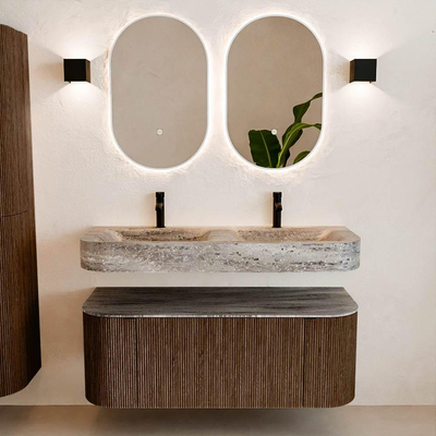 MONDIAZ THOR-DLUX 120cm badmeubel ronding links + rechts kleur Walnut met 1 lade en 2 deuren. Vrijhangende wastafel CLOUD Dubbel 2 kraangaten kleur Oza.