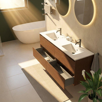 Saniclass Holz Pure Ensemble meuble de salle de bains - 160x45x62cm - lavabo Vygo en céramique blanc - 2 vasques - 2 trous de robinetterie - 4 tiroirs - noyer pure mat (bois)