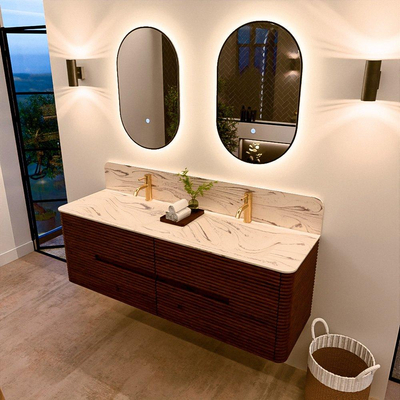 Mondiaz CIRO-DLUX Ensemble de meuble de salle de bains - 150x45x50cm - Plan vasque solid surface Nata - 2 vasques Double - 2 trous de robinetterie - 4 tiroirs - Ruby