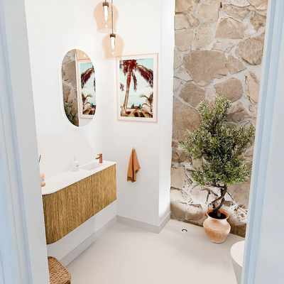 Mondiaz JOYA 91.6cm toiletmeubel - ronding links kleur Oak - Wastafel FAYE positie Rechts 1 kraangat kleur Talc.