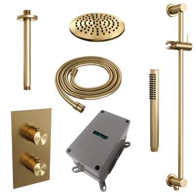 Brauer Gold Edition Ensemble de douche encastrable thermostatique inverseur 2 voies douche de tête 20cm bras plafond douchette stick avec barre curseur laiton Or brossé