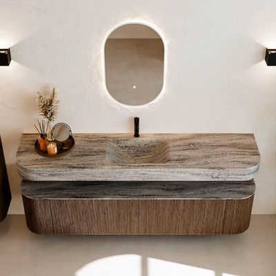 MONDIAZ THOR-DLUX 190cm badmeubel ronding links + rechts kleur Walnut met 2 lades en 2 deuren. Vrijhangende wastafel CLOUD Midden 1 kraangat kleur Oza.