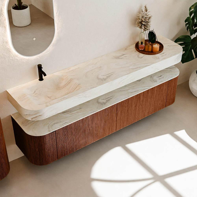 MONDIAZ THOR-DLUX 200cm meuble de salle de bains arrondi gauche + droite couleur Ruby avec 2 tiroirs et 2 portes. Vasque suspendue CLOUD Gauche 1 trou de robinet couleur Ostra.