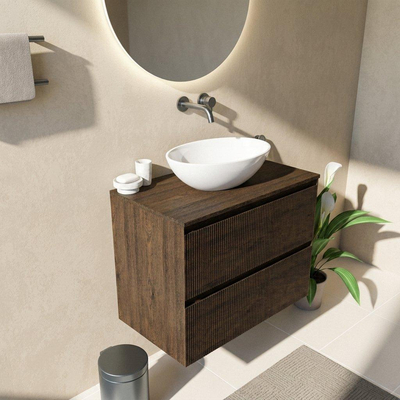 Saniclass Holz Atelier Ensemble meuble de salle de bains - 80x45x62cm - plan de travail en bois - sans trou de robinet - 2 tiroirs - chêne charcoal mat (bois)
