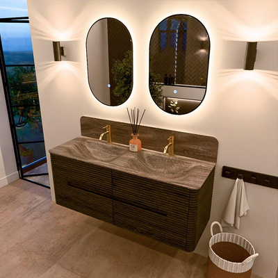 Mondiaz CIRO-DLUX Badkamermeubelset - 130x45x50cm - Solid surface wastafel Oza - 2 wasbak Dubbel - 2 kraangaten - 4 lades - Shadow