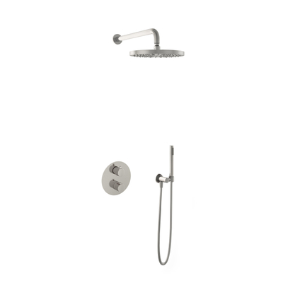 Hotbath Buddy IBS - Regendoucheset - 35cm wandarm - 30cm ronde hoofddouche - staafhanddouche - 2-weg-omstel - geborsteld nikkel (RVS)