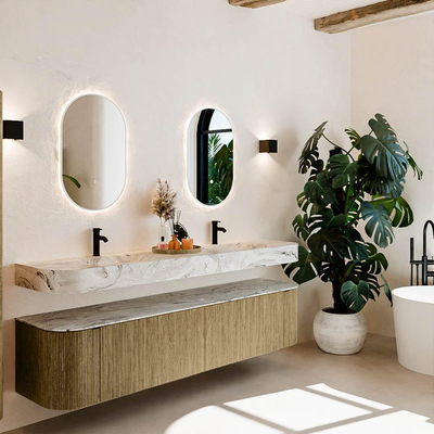 MONDIAZ THOR-DLUX 200cm meuble de salle de bains arrondi gauche + droite couleur Dusk avec 2 tiroirs et 2 portes. Vasque suspendue CLOUD Double 2 trous de robinet couleur Glace.