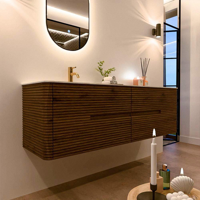 Mondiaz CIRO-DLUX Badkamermeubelset - 160x45x50cm - Solid surface wastafel Glace - 1 wasbak Links - 1 kraangat - 4 lades - Dusk