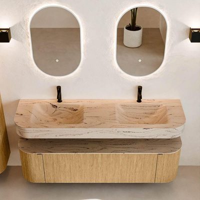 MONDIAZ THOR-DLUX 160cm badmeubel ronding links + rechts kleur Oak met 1 lade en 2 deuren. Vrijhangende wastafel CLOUD Dubbel 2 kraangaten kleur Arena.