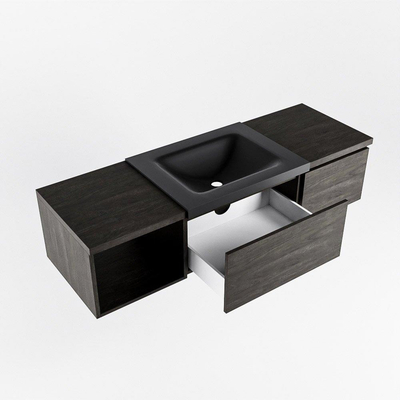 MONDIAZ BUKLA 140cm ensemble de meuble avec module ouvert 40 gauche couleur Marron Foncé avec 2 tiroirs. Lavabo CLOUD droit 1 trou de robinet couleur Urban.