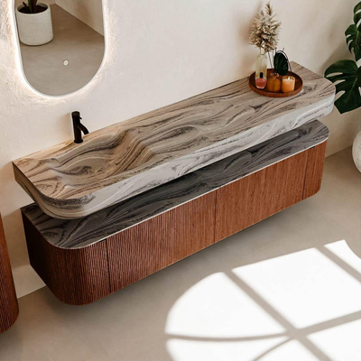 MONDIAZ THOR-DLUX Meuble de salle de bains 190cm arrondi gauche + droite couleur Ruby avec 2 tiroirs et 2 portes. Vasque suspendue CLOUD Gauche 1 trou de robinet couleur Sombra.