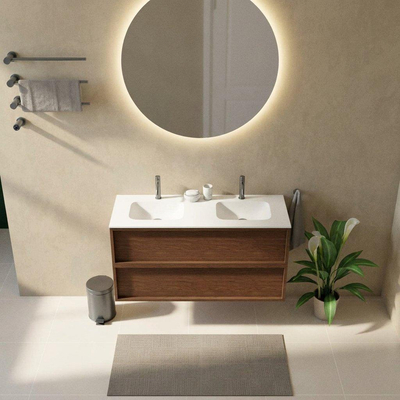 Saniclass Holz Frame Ensemble meuble de salle de bains - 120x45x61.5cm - Flow lavabo en solid surface blanc - 2 vasques - 2 trous de robinet - 2 tiroirs - mat walnut pure (bois)