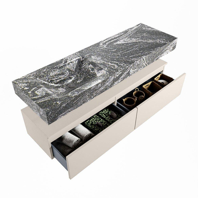 Mondiaz ALAN-DLUX Ensemble de meuble - 150cm - meuble Linen mat - 2 tiroirs - Lavabo Cloud Lava suspendu - vasque gauche - 1 trou de robinet