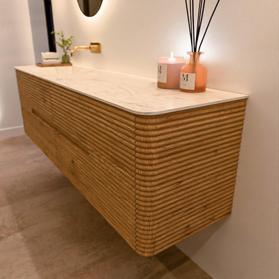 Mondiaz CIRO-DLUX Meuble de salle de bains - 170x45x50cm - Vasque solid surface Ostra - 1 lavabo à gauche - sans trous de robinet - 4 tiroirs - Chêne