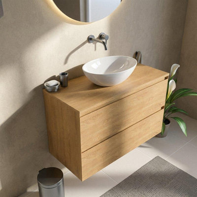 Saniclass Holz Pure Ensemble de meubles de salle de bains - 100x45x62cm - plan en bois - sans trou de robinetterie - 2 tiroirs - chêne natural mat (bois)