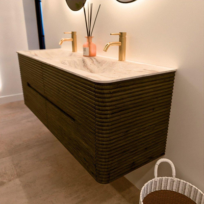 Mondiaz CIRO-DLUX Badkamermeubelset - 140x45x50cm - Solid surface wastafel Frappe - 2 wasbak Dubbel - 2 kraangaten - 4 lades - Shadow