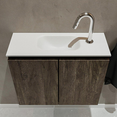 MONDIAZ TURE Kit lave-mains - 60x23x50cm - 1 trou de robinet - 2 portes - marron foncé mat - Lavabo centré - Solid Surface Blanc