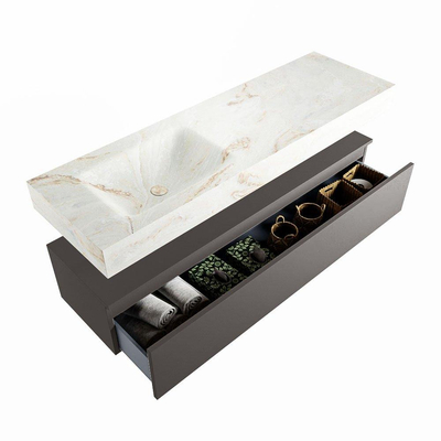 Mondiaz ALAN-DLUX Ensemble de meuble - 150cm - meuble Dark grey mat - 1 tiroir - Lavabo Cloud Frappe suspendu - vasque Gauche - 0 trous de robinet