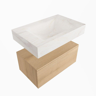 Mondiaz ALAN-DLUX Ensemble de meuble - 70cm - meuble Washed Oak mat - 1 tiroir - Lavabo Cloud Ostra suspendu - vasque Centre - 0 trous de robinet