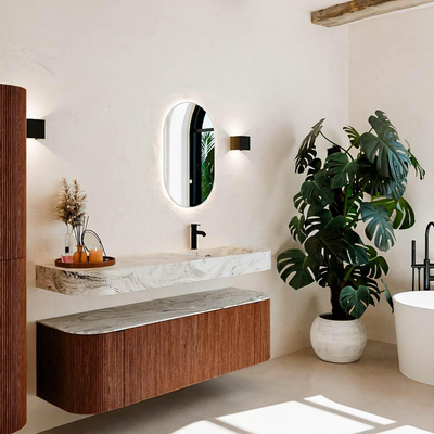 MONDIAZ THOR-DLUX 150cm meuble de salle de bains arrondi gauche + droite couleur Ruby avec 1 tiroir et 2 portes. Vasque suspendue CLOUD Droite 1 trou de robinet couleur Glace.