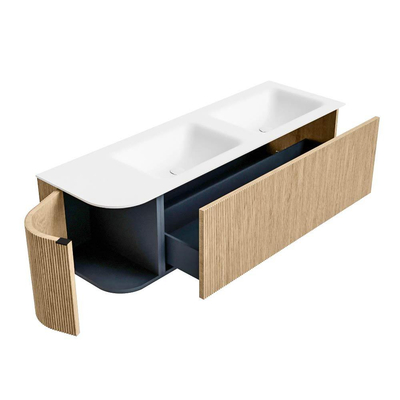 MONDIAZ KURVE Meuble de salle de bains 145 cm avec module 25 L couleur Chêne avec 1 tiroir et 1 porte. Lavabo CLOUD double / droite 2 trous de robinet Talc.