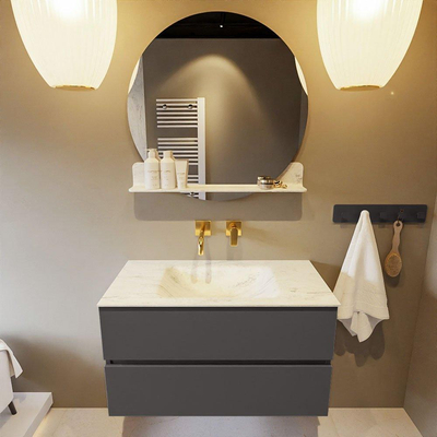 Mondiaz VICA-DLUX Ensemble de meuble de salle de bain - 90cm - meuble sous-vasque gris foncé - 2 tiroirs - lavabo encastré cloud milieu - sans trous de robinet - version haute de 60cm - opalo