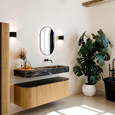 MONDIAZ THOR-DLUX 130cm meuble de salle de bains arrondi gauche + droite couleur Oak avec 1 tiroir et 2 portes. Vasque suspendue CLOUD droite sans trou de robinet couleur Lava.