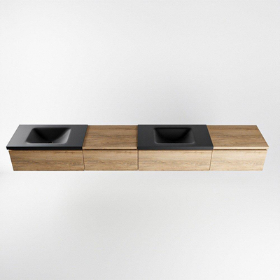 MONDIAZ BUKLA 280cm badmeubel met module 60 links kleur Washed Oak met 4 lades. Wastafel CLOUD dubbel 2 kraangaten kleur Urban.