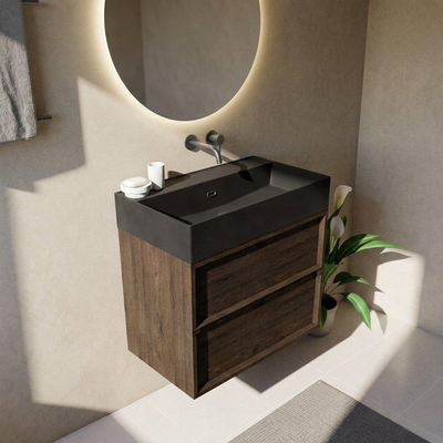 Saniclass Holz Frame Ensemble de meubles de salle de bains - 80x45x72cm - vasque Legend en céramique noir mat - 1 vasque - sans trou de robinet - 2 tiroirs - chêne charcoal mat (bois)