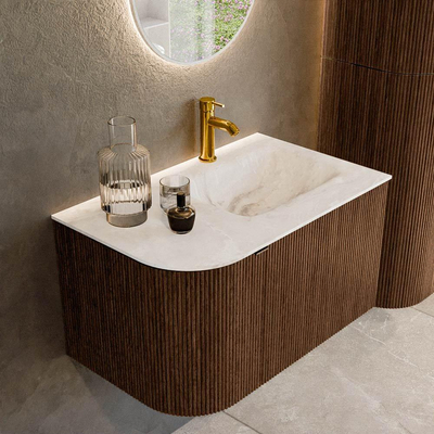 MONDIAZ KURVE-DLUX 75cm badmeubel met module 25 L kleur Walnut met 1 lade en 1 deur. Wastafel GRUNNE rechts 1 kraangat kleur Frappe.