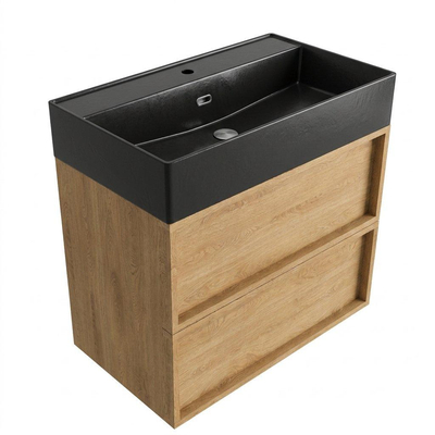 Saniclass Holz Frame Ensemble de meubles de salle de bains - 80x45x72cm - vasque Legend en céramique noir mat - 1 vasque - 1 trou de robinet - 2 tiroirs - chêne naturel mat (bois)