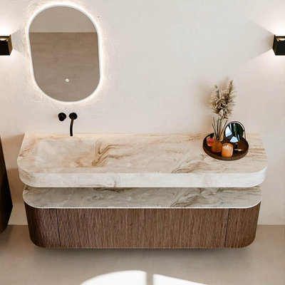 MONDIAZ THOR-DLUX 170cm meuble de salle de bains arrondi gauche + droite couleur Walnut avec 1 tiroir et 2 portes. Vasque suspendue CLOUD gauche sans trou de robinet couleur Frappe.