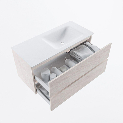 Mondiaz VICA ensemble de meuble de salle de bain - 100cm - meuble sous vasque en aggloméré - 2 tiroirs - lavabo cloud droite - 1 trou de robinet - version haute de 60cm - talc