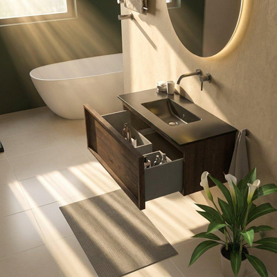 Saniclass Holz Frame Ensemble de meubles de salle de bains - 100x45x42cm - Lavabo Vygo en céramique noir - 1 vasque - sans trou de robinet - 1 tiroir - chêne charcoal mat (bois)