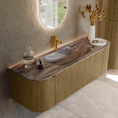 MONDIAZ KURVE-DLUX 140cm badmeubel ronding Links + Rechts kleur Dusk met 1 lade en 2 deuren. Wastafel BIG SMALL Midden 1 kraangat Sombra.