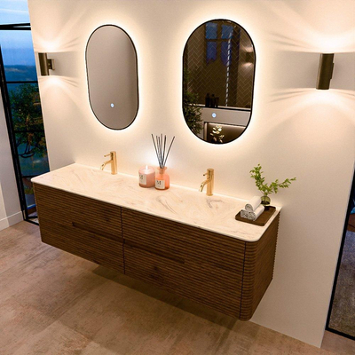 Mondiaz CIRO-DLUX Badkamermeubelset - 170x45x50cm - Solid surface wastafel Ostra - 2 wasbak Dubbel - 2 kraangaten - 4 lades - Dusk
