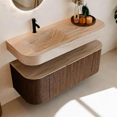 MONDIAZ THOR-DLUX 120cm meuble de salle de bains arrondi gauche + droite couleur Walnut avec 1 tiroir et 2 portes. Vasque suspendue CLOUD Gauche 1 trou de robinet couleur Saba.