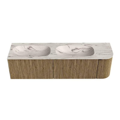 MONDIAZ KURVE-DLUX Meuble de salle de bains 165cm arrondi à droite couleur Dusk avec 2 tiroirs et 1 porte. Lavabo STOR SMALL Double / gauche sans trou de robinet Nata.