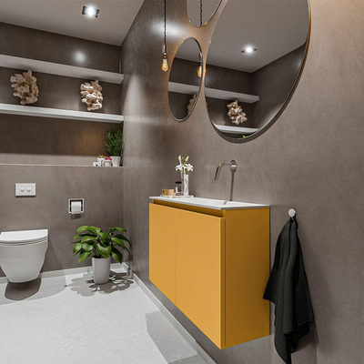 MONDIAZ TURE Toiletmeubel 80x23x50cm met 0 kraangaten 2 deuren ocher mat Wastafel Eden rechts Solid Surface Wit