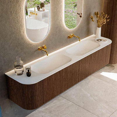 MONDIAZ KURVE 200cm Meuble salle de bain avec module 25 G et D - couleur Walnut - 2 tiroirs - 2 portes - vasque BIG SMALL double - sans trous de robinet - Talc