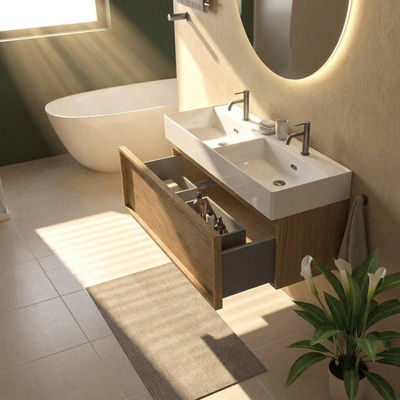 Saniclass Holz Frame Ensemble meuble de salle de bains - 120x45x52cm - Legend lavabo en céramique blanc - 2 vasques - 2 trous de robinetterie - 1 tiroir - chêne natural mat (bois)