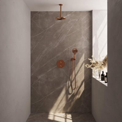 BRAUER Douche à effet pluie thermostatique encastrée en cuivre - 3 voies - rond - ensemble 83 - douche principale de 20 cm - bras plafond - douchette à main 3 positions - flexible de douche - coude mural - cuivre brossé PVD