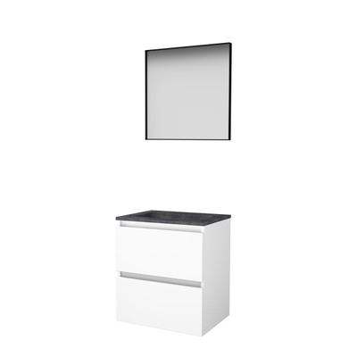 Basic-Line Framed 46 badkamermeubelset - 60x46cm - greeploos - 2 lades - hardsteen wastafel - 1 kraangat - Spiegel - mat zwart aluminium frame - rondom - MDF lak Ice White
