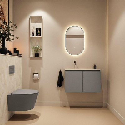 MONDIAZ TURE-DLUX Meuble toilette - 80cm - Smoke - EDEN - vasque Ostra - position gauche - sans trou de robinet